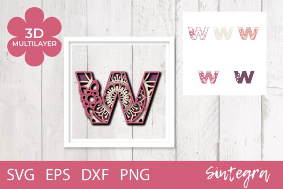 3D Floral Letter W Mandala Layer SVG for Laser Cutting and Wall Decor